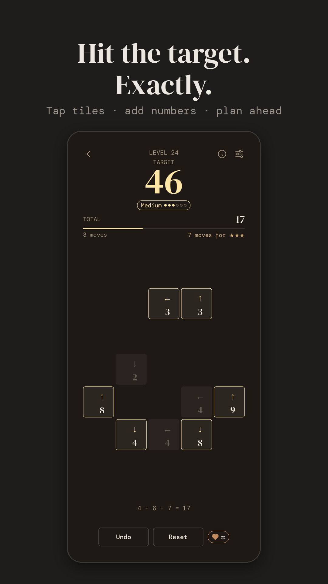 A puzzle in progress: target 46, total 17, seven moves for three stars