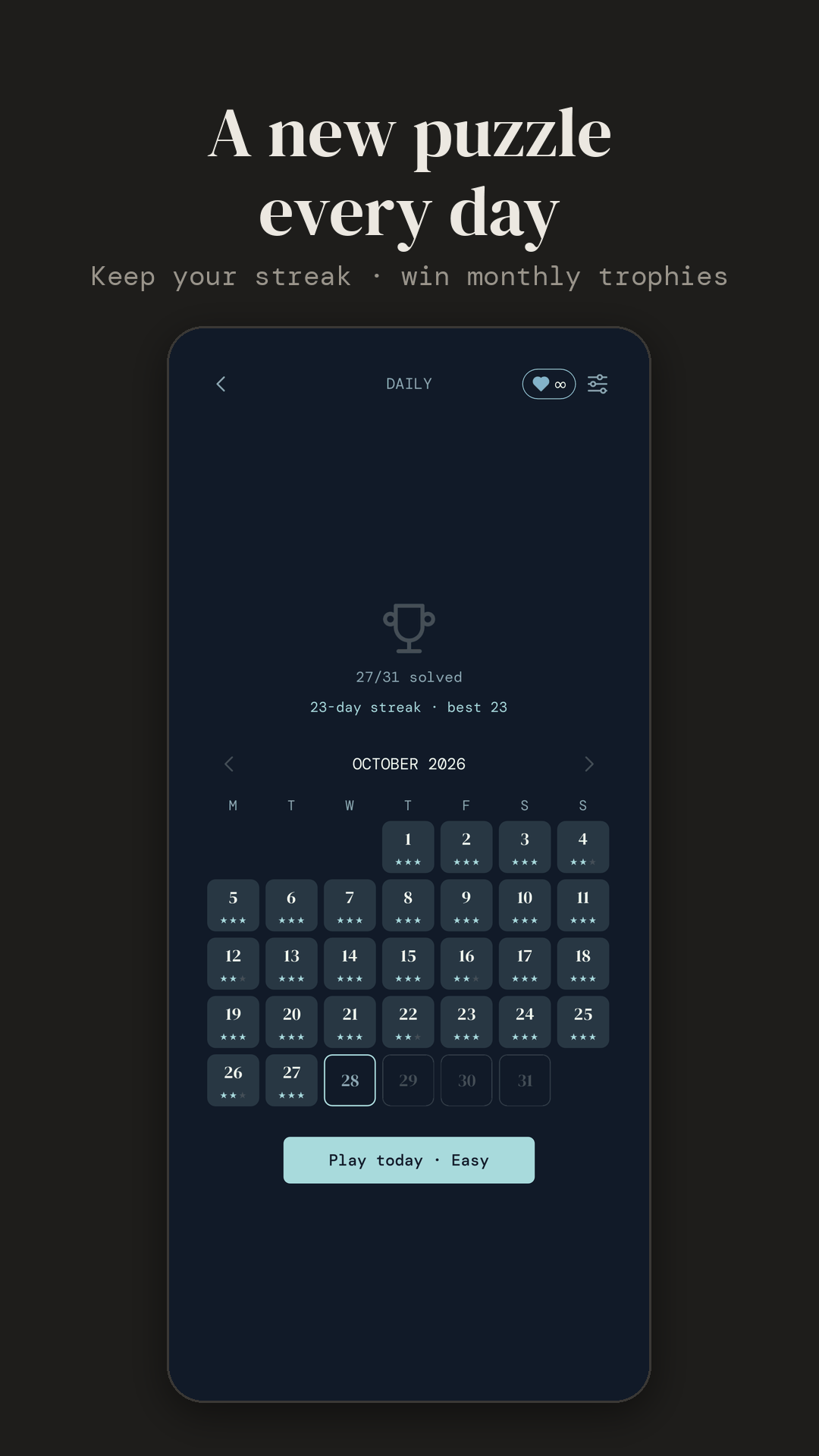 The daily puzzle calendar, with a 23-day streak