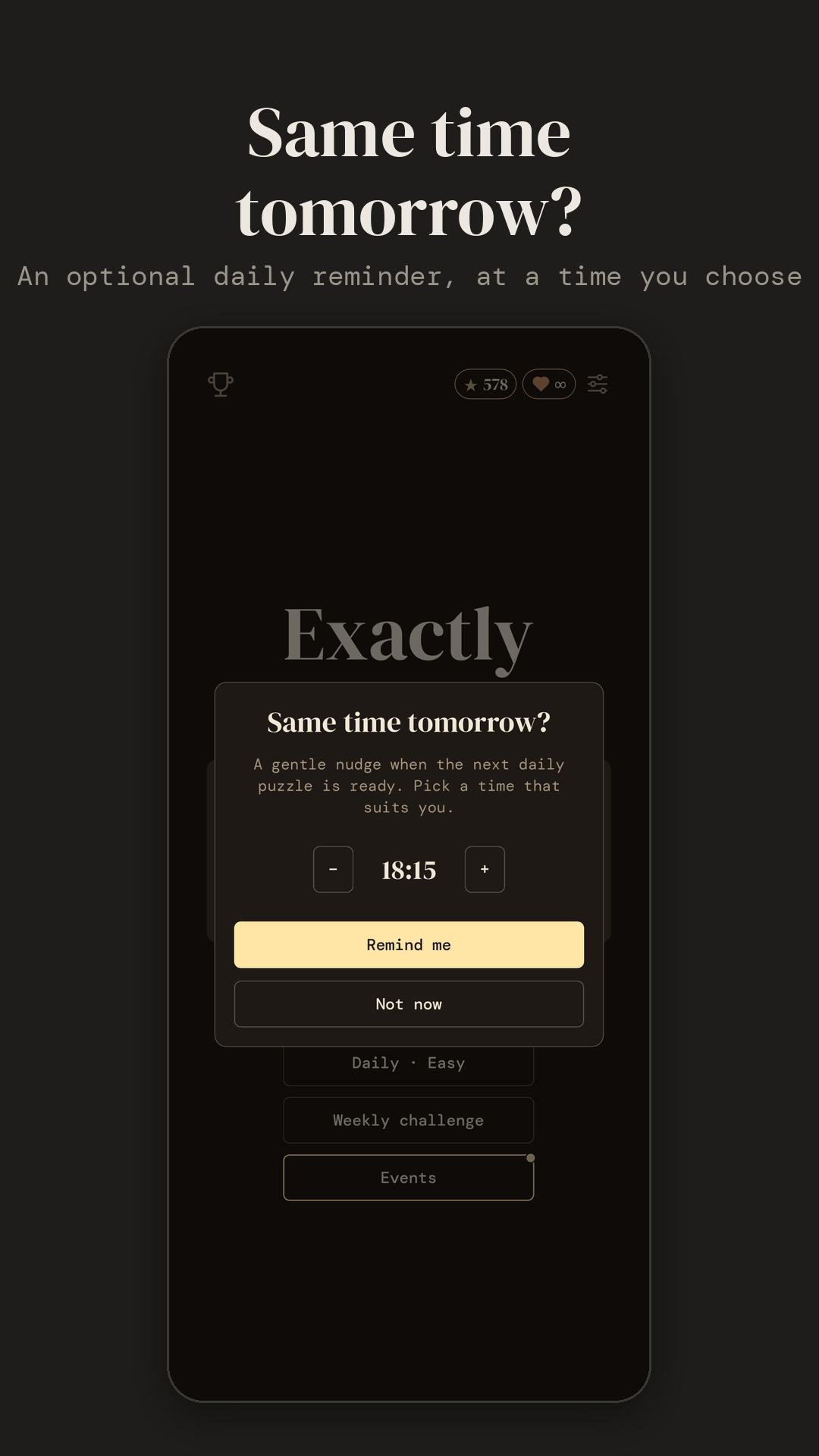 The optional daily reminder: pick a time for a nudge when the next puzzle is ready